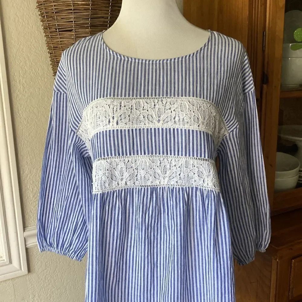 Suzanne Betro 100% Cotton Three Quarter Sleeve Babydoll Top Size Medium NWT
